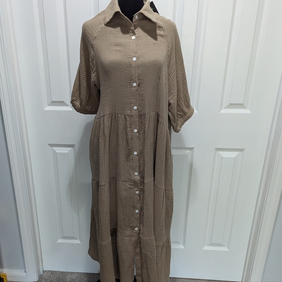 NWT R  Vivimos Prairie Dress Khaki Gauze Short Bubble Sleeve Button Up XL - Picture 2 of 7